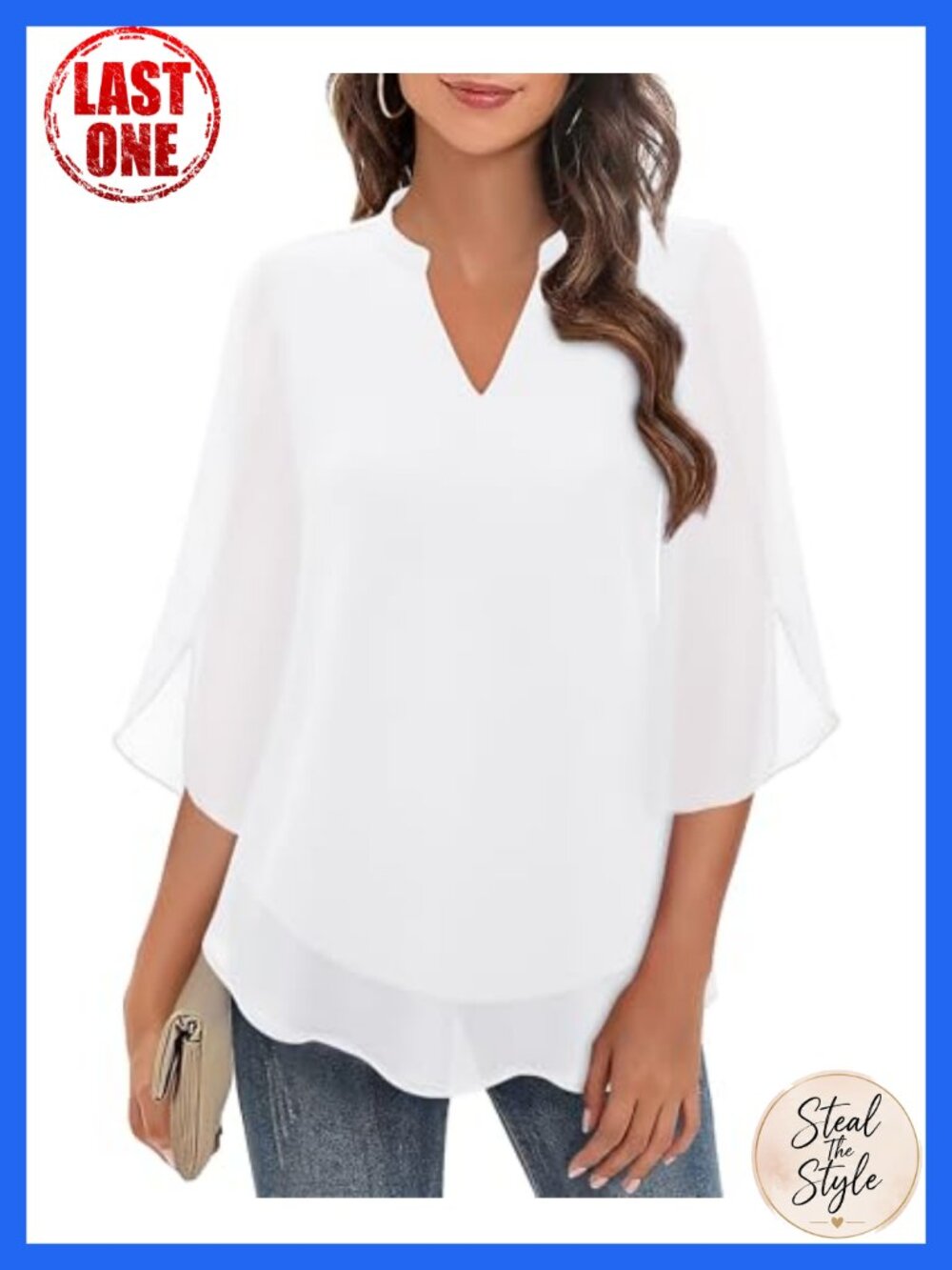 Womens Dressy Casual Chiffon Blouse Ruffle 3/4 Sleeve V Neck Double Layers